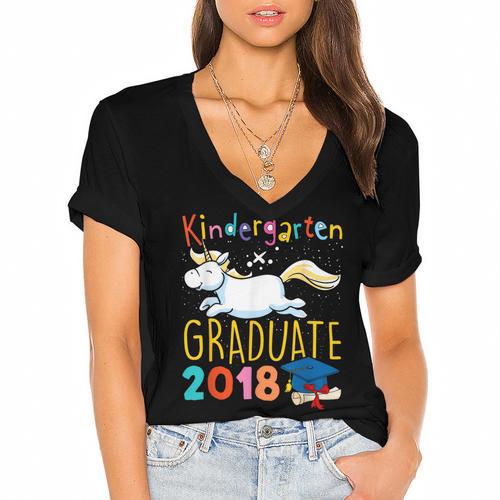 Unicorn Kindergarten Graduation Shirt Girls Women's Jersey Short Sleeve Deep V-Neck Tshirt				 - Best Gift Smart