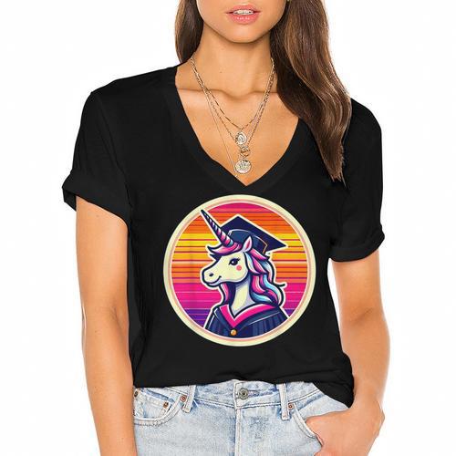 Unicorn University Graduation Graduating School Girl Cute Women's Jersey Short Sleeve Deep V-Neck Tshirt				 - Best Gift Smart