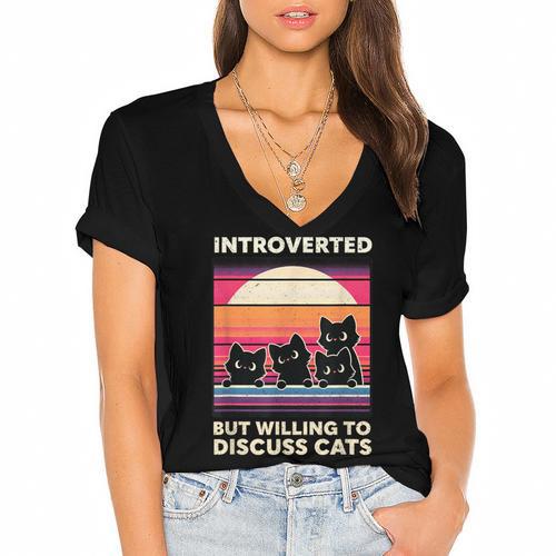 Unique Art For Introverted Cat Fans -Adults Cat Humorous Introvert Small Women's Jersey Short Sleeve Deep V-Neck Tshirt - Raresse