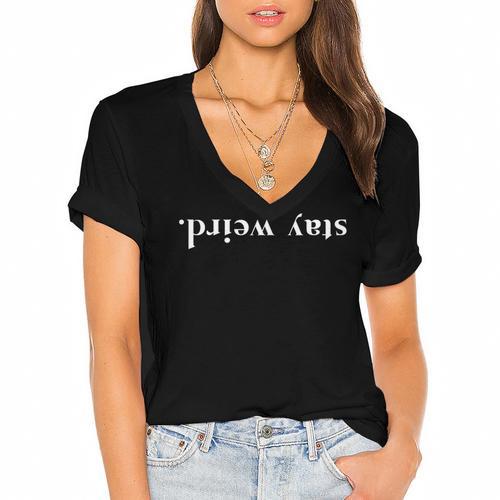 Upside Down Stay Weird Quirky Minimal Introvert Women's Jersey Short Sleeve Deep V-Neck Tshirt - Raresse