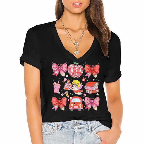 Valentine Cupid Coquette Pink Bow Apple Books Teacher Women's Jersey Short Sleeve Deep V-Neck Tshirt				 - Bookorys DE