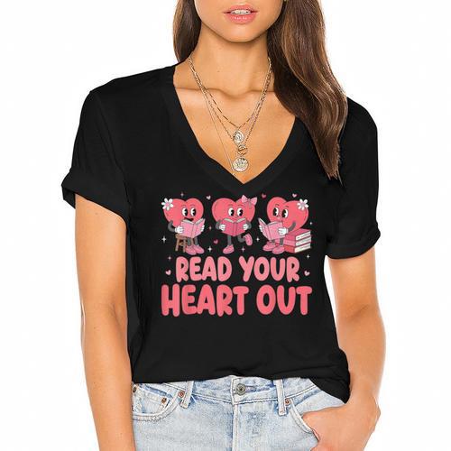 Valentine Day Book Read Your Heart Out Lovers Teacher Kids Women's Jersey Short Sleeve Deep V-Neck Tshirt				 - Bookorys CA