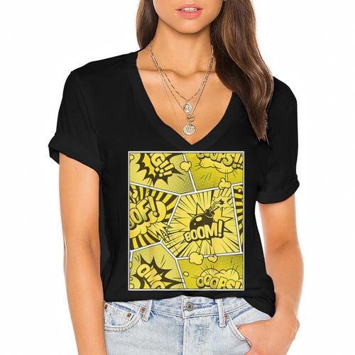 Varsity-Gold Yellow Comic Book University Varsity-Gold Women's Jersey Short Sleeve Deep V-Neck Tshirt				 - Bookorys CA