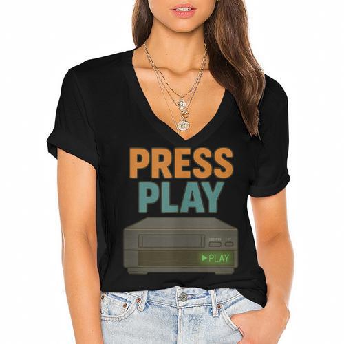 VHS Cassette Retro Analog Nostalgia Theme Women's Jersey Short Sleeve Deep V-Neck Tshirt - Figerry