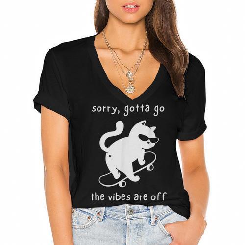 Vibes Are Off Cat Skateboard Introvert Sarcastic Humor Women's Jersey Short Sleeve Deep V-Neck Tshirt				 - Raresse