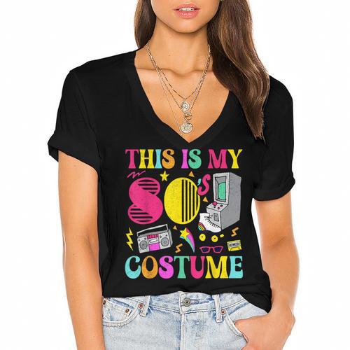 Vintage 80s Vibes Costume Nostalgia 1980s Fashion Cassette Women's Jersey Short Sleeve Deep V-Neck Tshirt				 - Figerry
