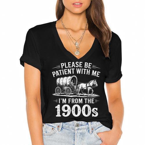 Vintage 90s Country Please Be Patient I'm From The 1900s Women's Jersey Short Sleeve Deep V-Neck Tshirt - Figerry