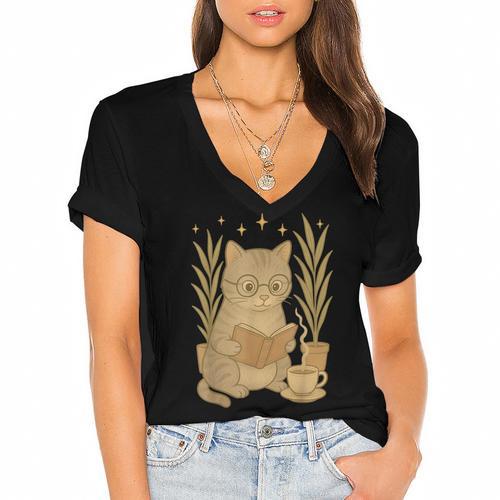 Vintage Cat Reading Book Lover Retro Kitten Cottagecore Women's Jersey Short Sleeve Deep V-Neck Tshirt				 - Bookorys