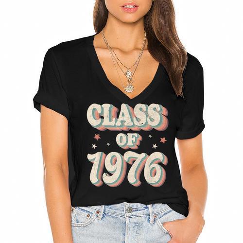Vintage Class Of 1976 76 High School Graduation Women's Jersey Short Sleeve Deep V-Neck Tshirt				 - Best Gift Smart