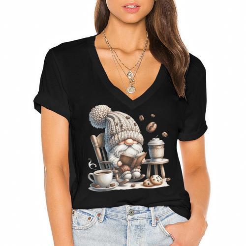 Vintage Cute Gnome Reading Book Coffee Cute Gnome Graphic Women's Jersey Short Sleeve Deep V-Neck Tshirt				 - Bookorys CA