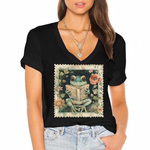 Vintage Frog Reading Book Bookish Cottagecore Women's Jersey Short Sleeve Deep V-Neck Tshirt				 - Bookorys AU