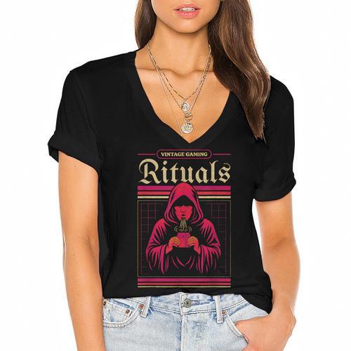 Vintage Gaming Rituals Retro Gamer Nostalgia Vintage Games Women's Jersey Short Sleeve Deep V-Neck Tshirt - Figerry