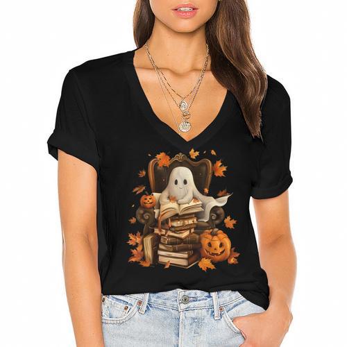 Vintage Ghost Book Reading Pumpkin Gothic Halloween Teachers Women's Jersey Short Sleeve Deep V-Neck Tshirt				 - Bookorys