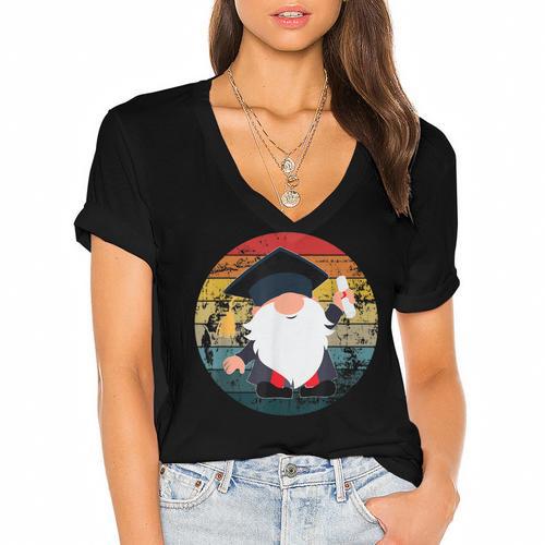 Vintage Graduation Gnome Women's Jersey Short Sleeve Deep V-Neck Tshirt				 - Best Gift Smart