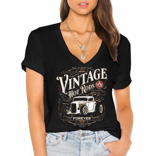 Vintage Hot Rods USA Forever Classic Car Nostalgia Women's Jersey Short Sleeve Deep V-Neck Tshirt				 - Figerry