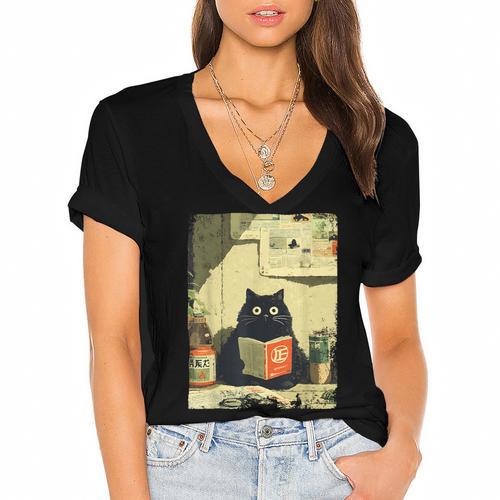 Vintage Japanese Cat Book Lovers Librarian Cat Dad Teacher Women's Jersey Short Sleeve Deep V-Neck Tshirt				 - Bookorys