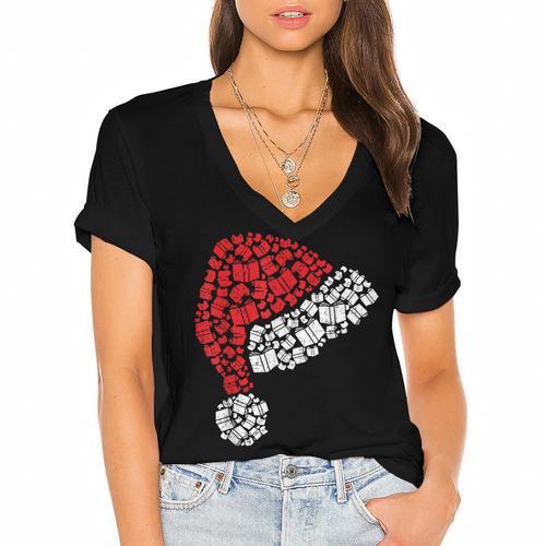 Vintage Retro Christmas Book Xmas Santa Hat Pajama Holiday Women's Jersey Short Sleeve Deep V-Neck Tshirt				 - Bookorys