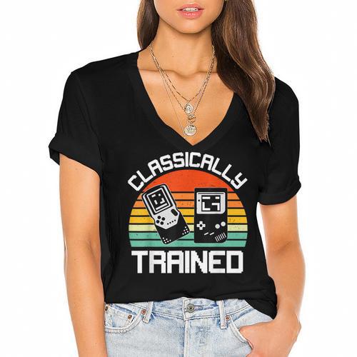 Vintage Retro Classically Trained Video Game 90s Nostalgia Women's Jersey Short Sleeve Deep V-Neck Tshirt				 - Figerry