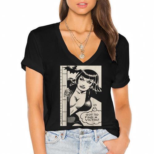 Vintage Vampire Bat Vampire Pin Up Girl Horror Comic Book Women's Jersey Short Sleeve Deep V-Neck Tshirt				 - Bookorys CA