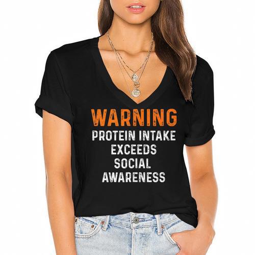 Warning Protein Intake Exceeds Social Awareness Introvert Women's Jersey Short Sleeve Deep V-Neck Tshirt - Raresse