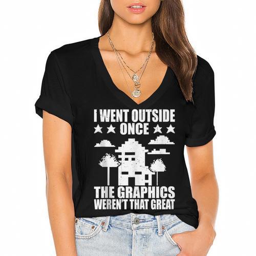 I Went Outside Once Introverts Joke Social Loner Women's Jersey Short Sleeve Deep V-Neck Tshirt - Raresse