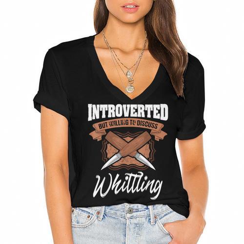 Whittling Hobby Woodcarve Introverted Wood Artist Whittler Women's Jersey Short Sleeve Deep V-Neck Tshirt - Raresse