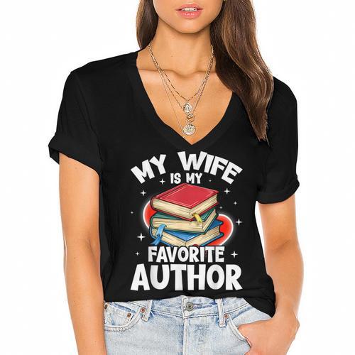 My Wife Is My Favorite Author Book Writer Women's Jersey Short Sleeve Deep V-Neck Tshirt				 - Bookorys CA
