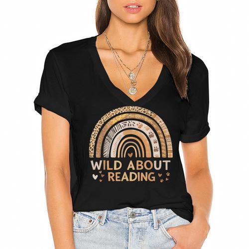 Wild About Reading Books Reader Lover Bookworm Librarian Women's Jersey Short Sleeve Deep V-Neck Tshirt				 - Bookorys DE