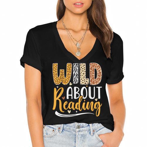 Wild About Reading Lover Bookworm Library Teacher Zoo Animal Women's Jersey Short Sleeve Deep V-Neck Tshirt				 - Bookorys
