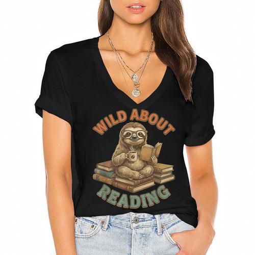 Wild About Reading Sloth Coffee Teacher Book Lover Women's Jersey Short Sleeve Deep V-Neck Tshirt				 - Bookorys AU
