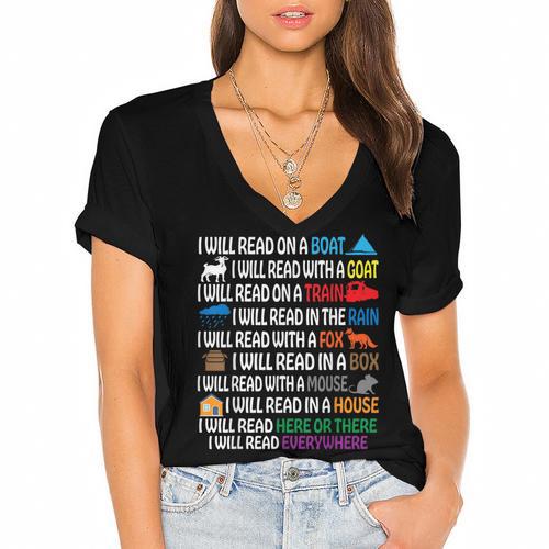 I Will Read Books On A Boat & Everywhere Reading Kids Book Women's Jersey Short Sleeve Deep V-Neck Tshirt				 - Bookorys