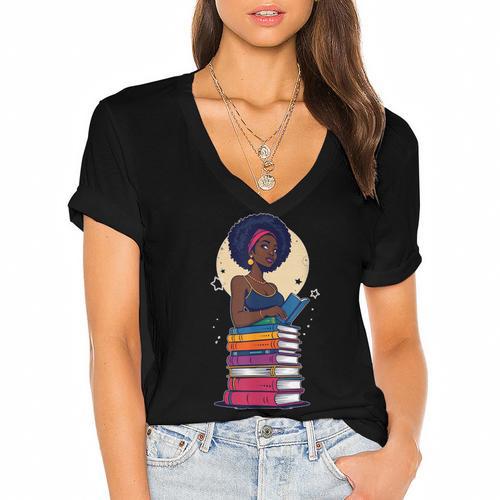 Woman And Books Stack Afro Girl Reading Lover Women's Jersey Short Sleeve Deep V-Neck Tshirt				 - Bookorys