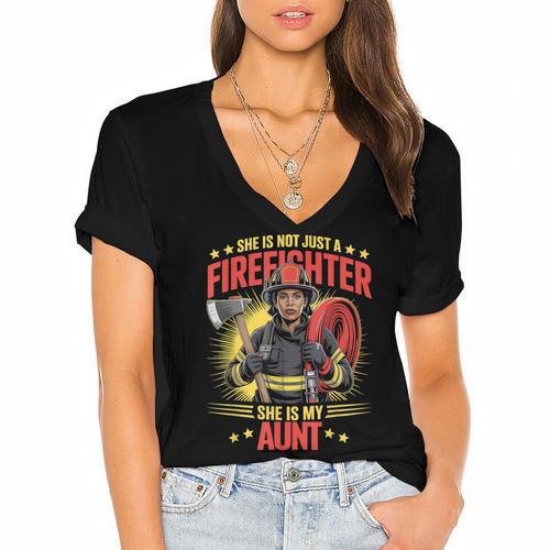 Woman Firefighter Aunt TiTi Auntie Black Graduation Women's Jersey Short Sleeve Deep V-Neck Tshirt				 - Best Gift Smart