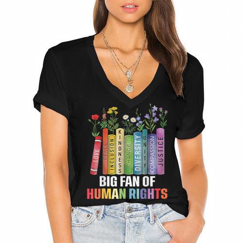 Women Floral Book Big Fan Of Human Rights Liberal Protest Women's Jersey Short Sleeve Deep V-Neck Tshirt				 - Bookorys DE