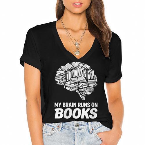 Women's My Brain Runs On Books Reading Bookworm Men Women Women's Jersey Short Sleeve Deep V-Neck Tshirt - Bookorys DE