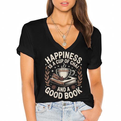 Women's Chai Tea And Books Chai Latte Lover Women's Jersey Short Sleeve Deep V-Neck Tshirt				 - Bookorys CA