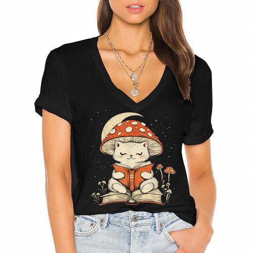Women's Cottagecore Mushroom Cat Reading a Book Women's Jersey Short Sleeve Deep V-Neck Tshirt				 - Bookorys AU