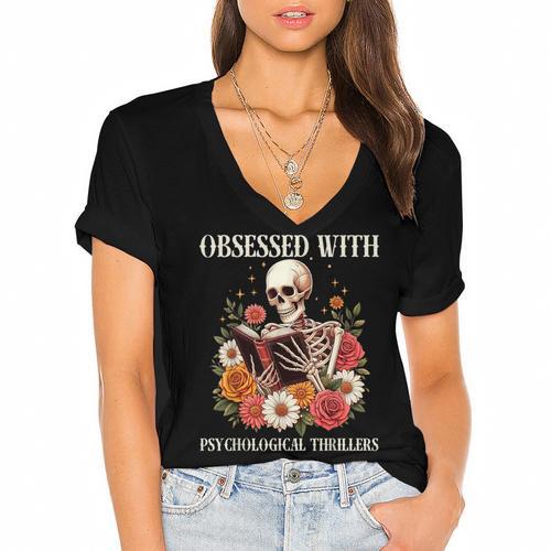 Women's Psychological Thriller Book Reader Lover Women's Jersey Short Sleeve Deep V-Neck Tshirt - Bookorys