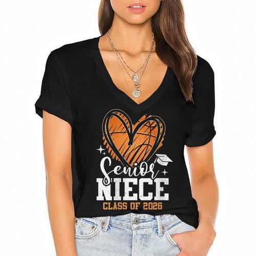 Women's Senior Niece Class Of 2026 Basketball Graduation Heart Women's Jersey Short Sleeve Deep V-Neck Tshirt				 - Best Gift Smart