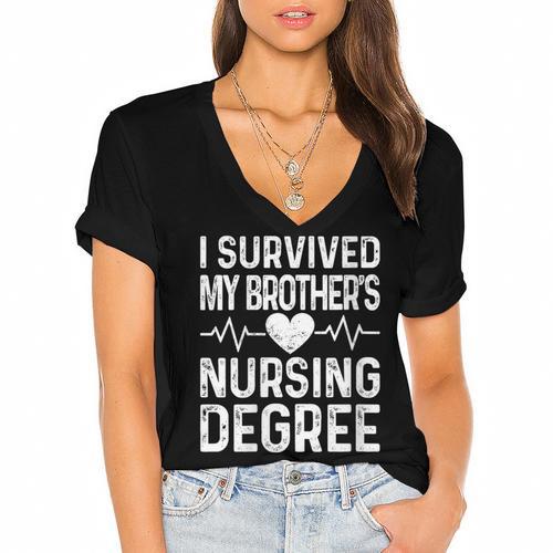 Women's I Survived My Brother's Nursing Degree School Graduation Women's Jersey Short Sleeve Deep V-Neck Tshirt				 - Best Gift Smart