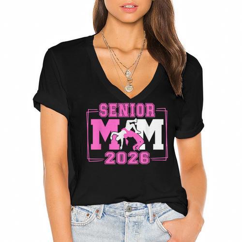 Wrestling Senior Mom Wrestling Senior 2026 Graduation Women's Jersey Short Sleeve Deep V-Neck Tshirt				 - Best Gift Smart