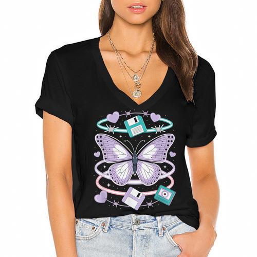 Y2K Butterfly Floppy Disk Art Digital Nostalgia Women's Jersey Short Sleeve Deep V-Neck Tshirt - Figerry