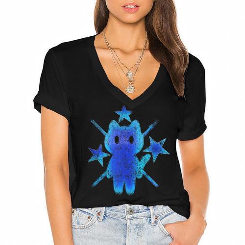 Yk2 Grunge Earthy Blue Cat With Stars Tomboy 90s Nostalgia Women's Jersey Short Sleeve Deep V-Neck Tshirt - Figerry