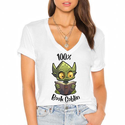 100 Book Goblin Cute Book Reader And Library Lover Women's Jersey Short Sleeve Deep V-Neck Tshirt				 - Bookorys CA