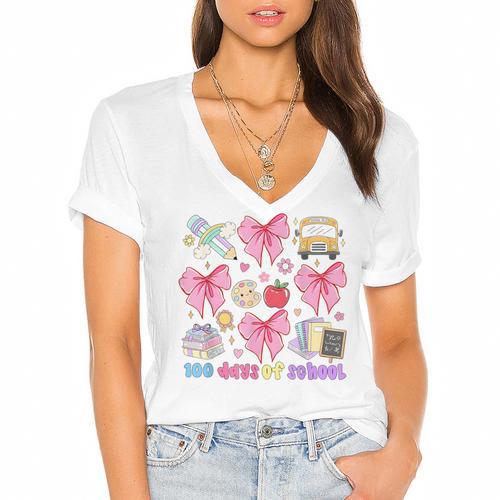 100 Days Of School Coquette Bow School Bus Pencil Books Women's Jersey Short Sleeve Deep V-Neck Tshirt				 - Bookorys DE