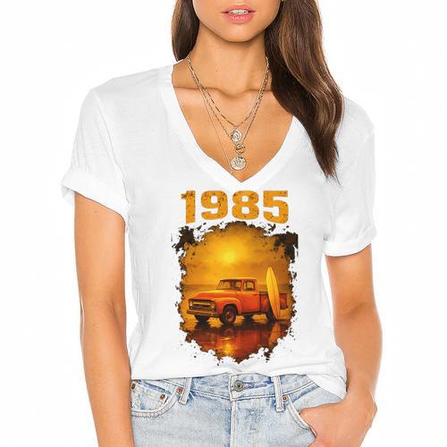 1985 Vintage Sunset Surf Truck Retro Beach Nostalgia Women's Jersey Short Sleeve Deep V-Neck Tshirt				 - Figerry