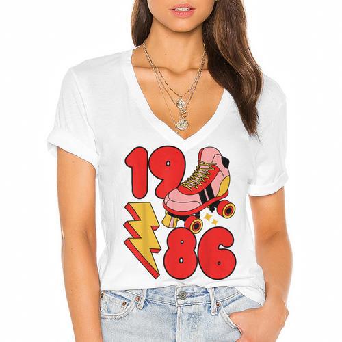 1986 Retro Roller Skate Vintage 80s Nostalgia Collector Women's Jersey Short Sleeve Deep V-Neck Tshirt - Figerry