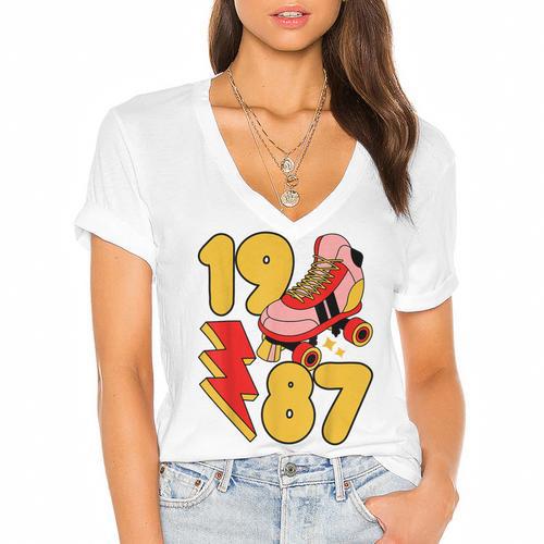 1987 Retro Roller Skate Vintage 80s Nostalgia Collector Women's Jersey Short Sleeve Deep V-Neck Tshirt - Figerry