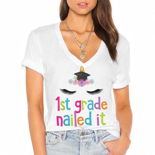 1st Grade Nailed It T Shirt Unicorn Graduation Class Of 2018 Women's Jersey Short Sleeve Deep V-Neck Tshirt				 - Best Gift Smart