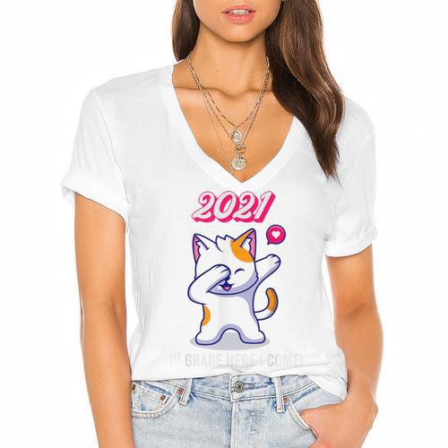 2021 Kindergarden Graduation Celebration Dapping Cat For Men Women Kids Women's Jersey Short Sleeve Deep V-Neck Tshirt				 - Best Gift Smart